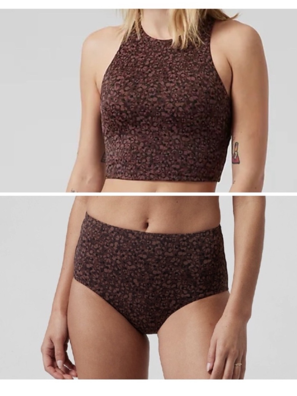 Athleta Set Conscious Crop Bikini A-C High Waist Bottom Camo Flora Chocolate NEW